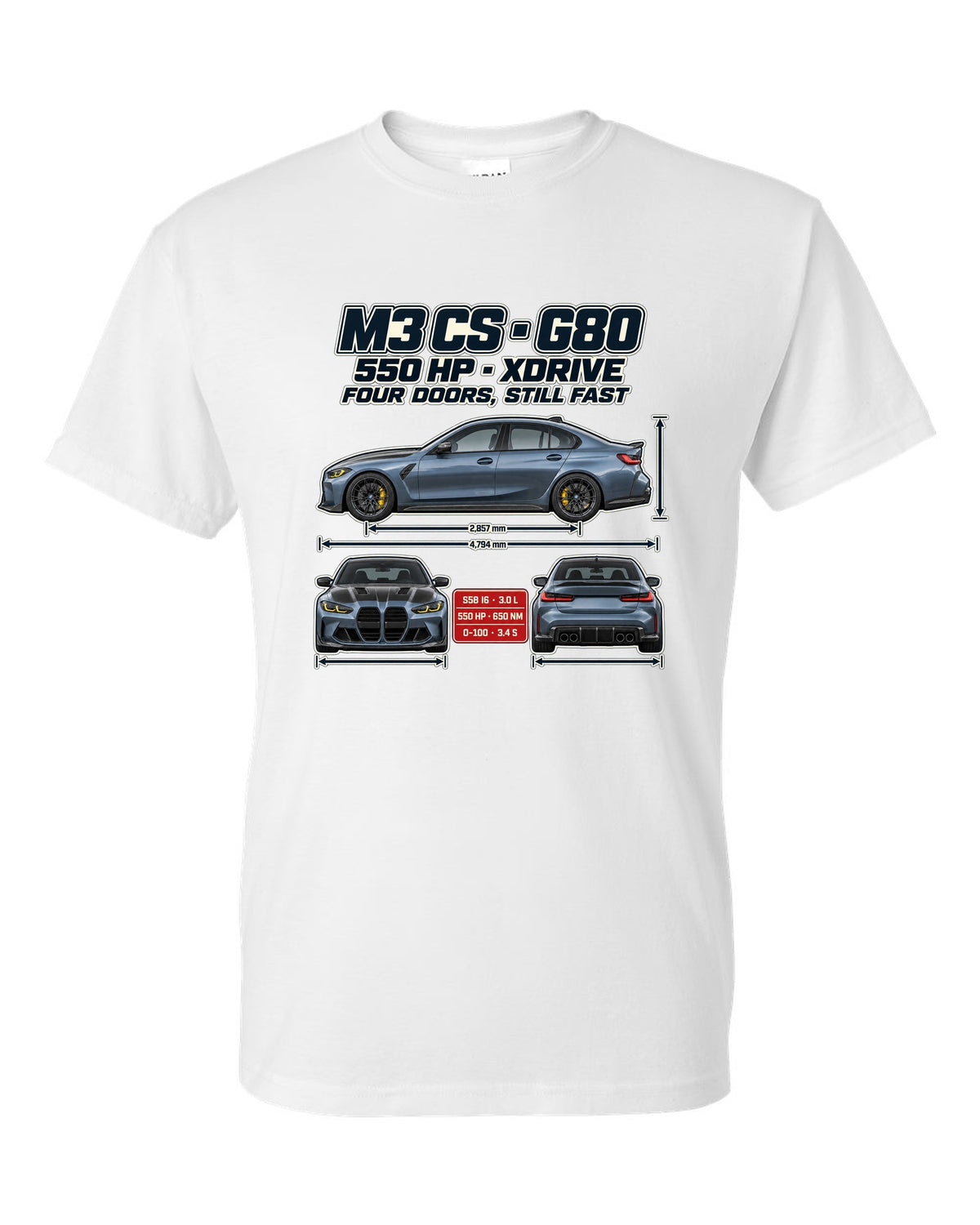 BMW M3 CS G80 2023 spec poster print white t-shirt front view with the design