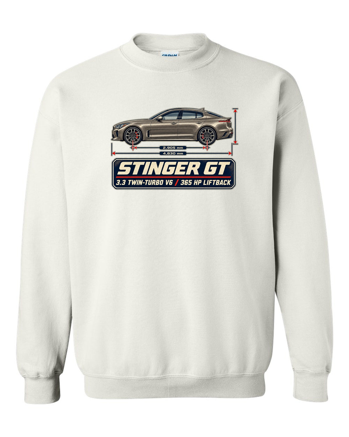Kia Stinger GT dimension blueprint print on a shirt white crewneck front view with the design