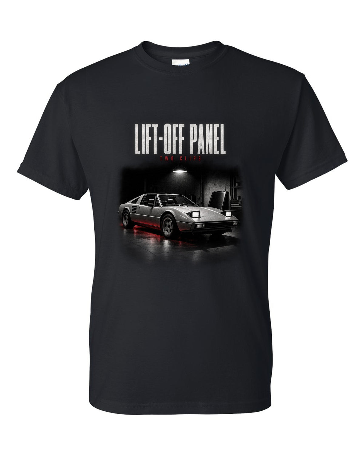 Ferrari 308 GTS 1977 targa garage night print, lift-off panel, two clips black t-shirt front view with the design