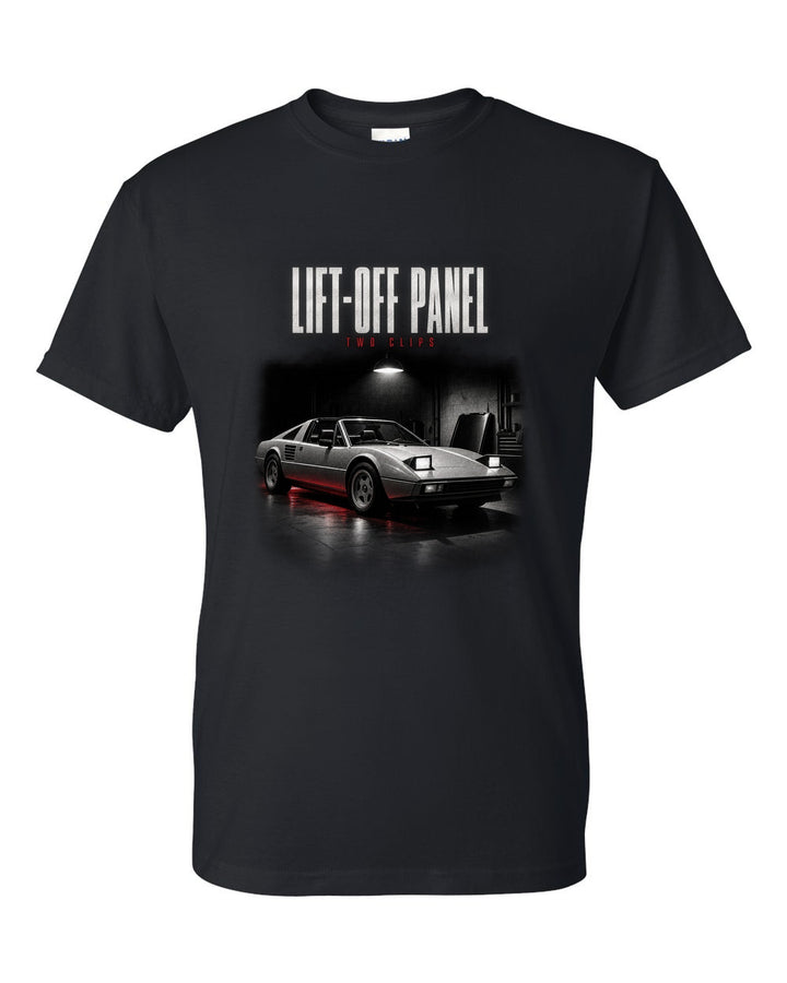 Ferrari 308 GTS 1977 targa garage night print, lift-off panel, two clips black t-shirt front view with the design