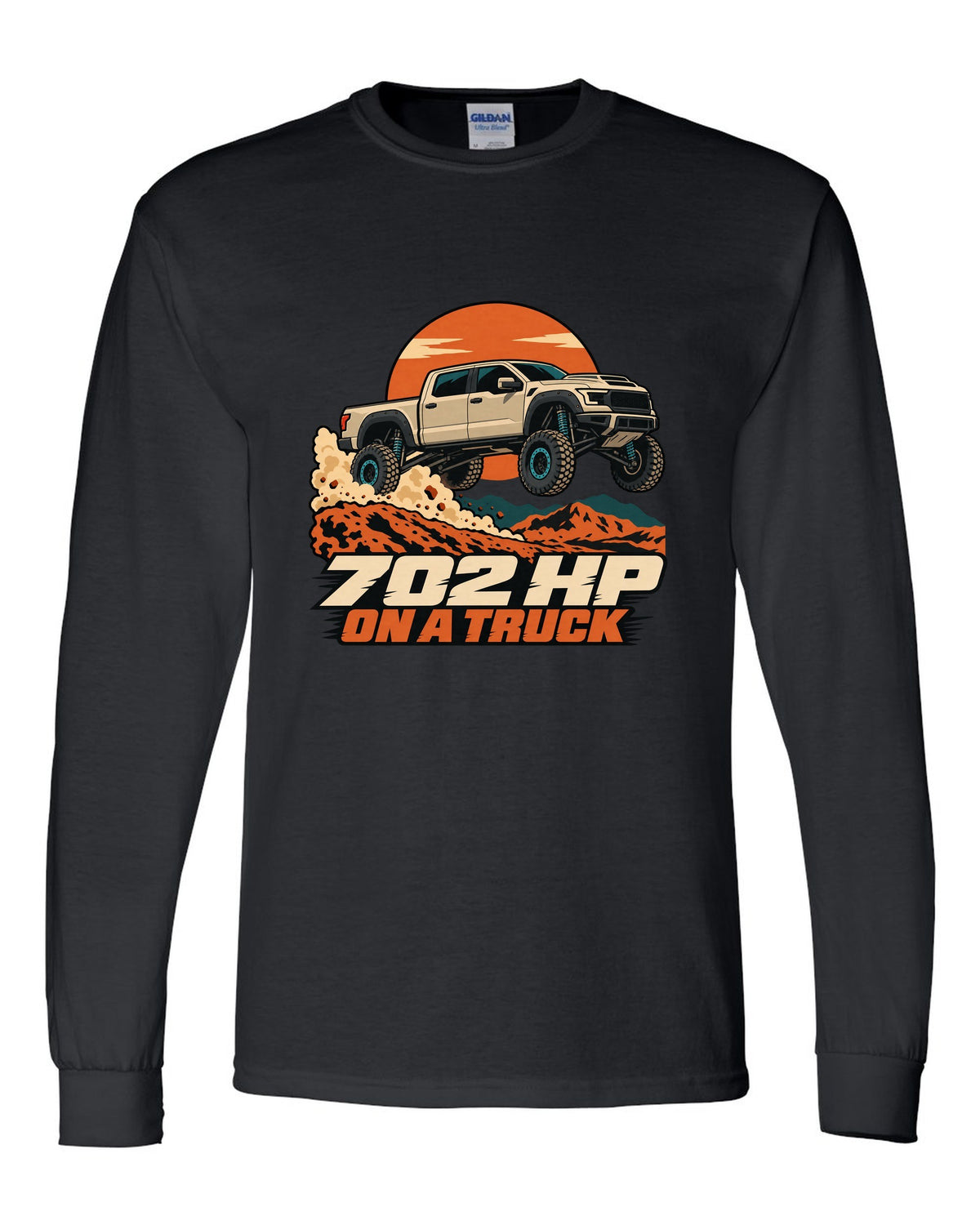 Vector poster print of a Ram 1500 TRX jumping a dune with the text 702 HP black long sleeve front view with the design