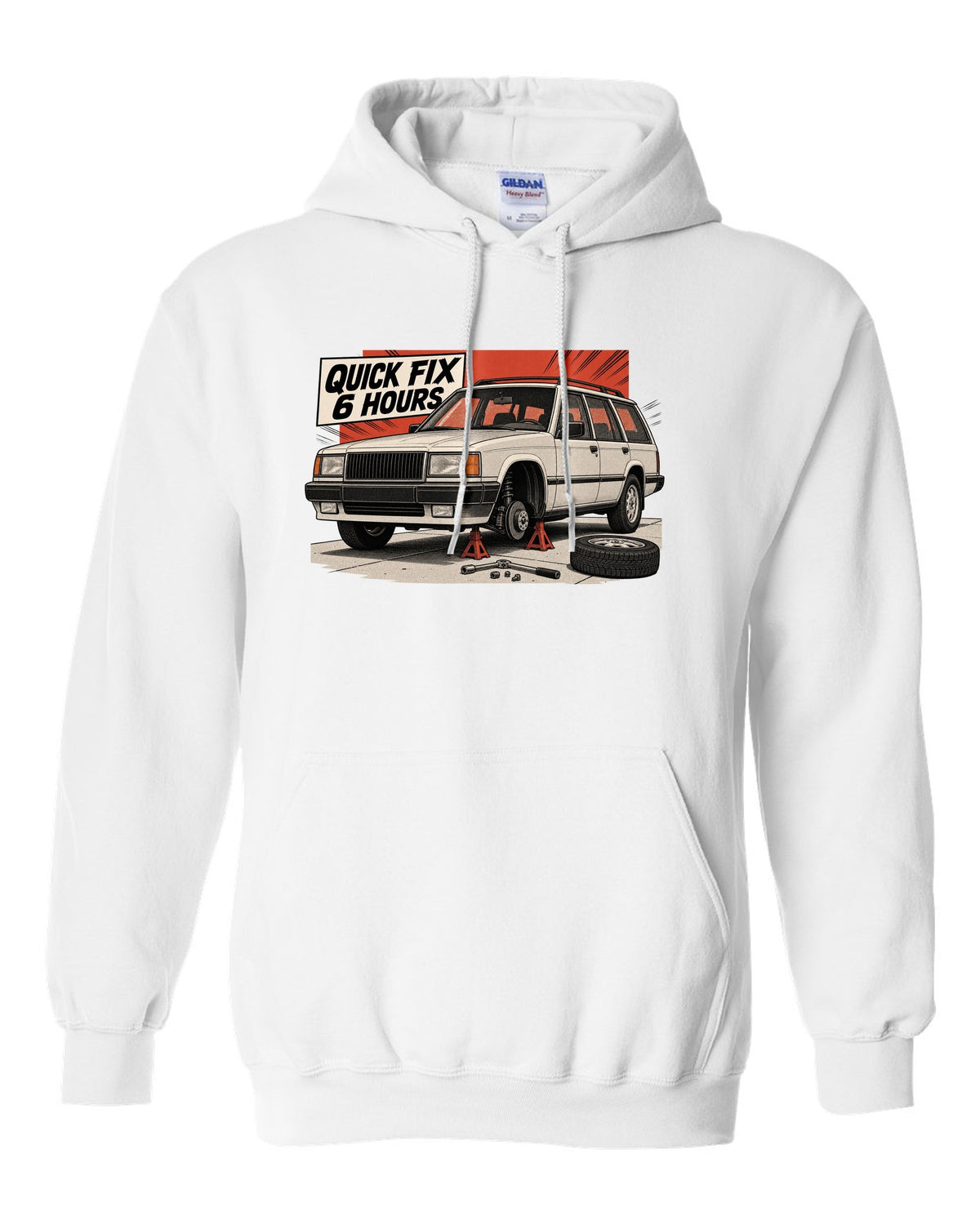 Retro manga halftone panel of a Jeep Cherokee XJ on jack stands with Quick Fix 6 Hours text white pull over hoodie front view with the design