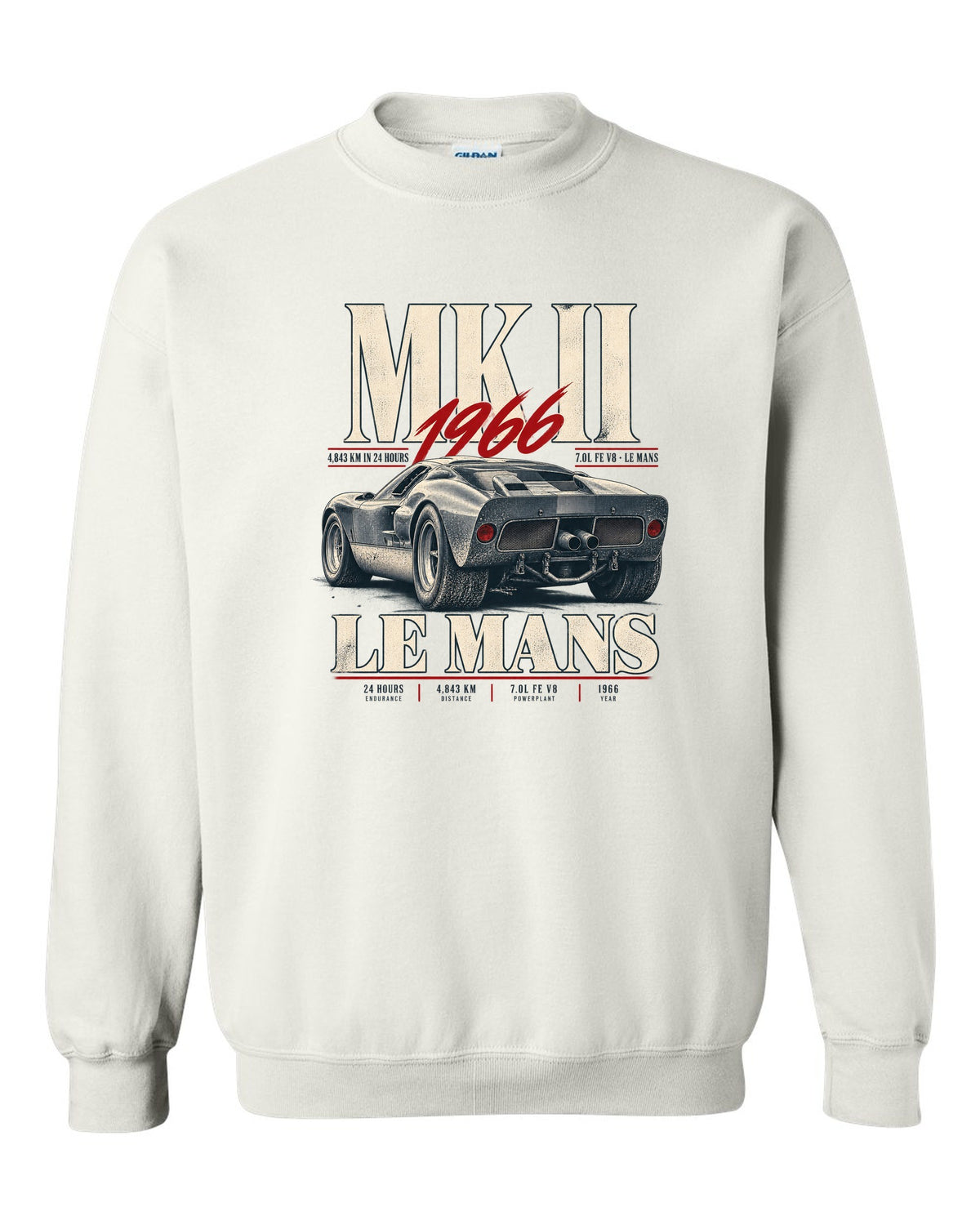 Editorial print of a 1966 Ford GT40 Mk II rear three-quarter view with Le Mans distance white crewneck front view with the design