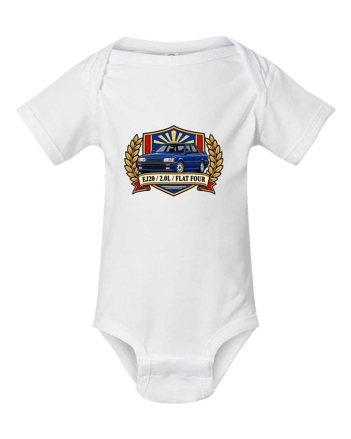 Shield crest design for a Subaru Legacy BC5 RS with EJ20 2.0L flat four text white baby onesie front view with the design
