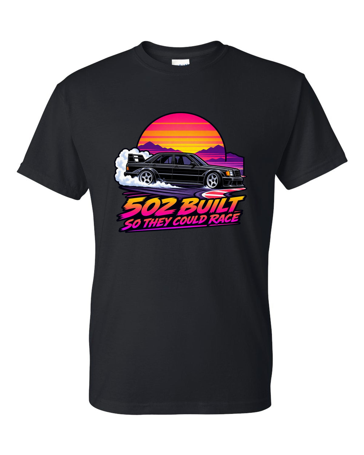 Flat vector eighties sunset gradient print of a Mercedes-Benz 190E Evo II W201 sliding through a chicane black t-shirt front view with the design