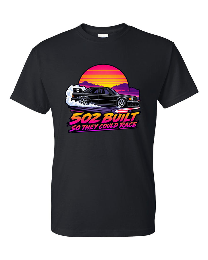 Flat vector eighties sunset gradient print of a Mercedes-Benz 190E Evo II W201 sliding through a chicane black t-shirt front view with the design