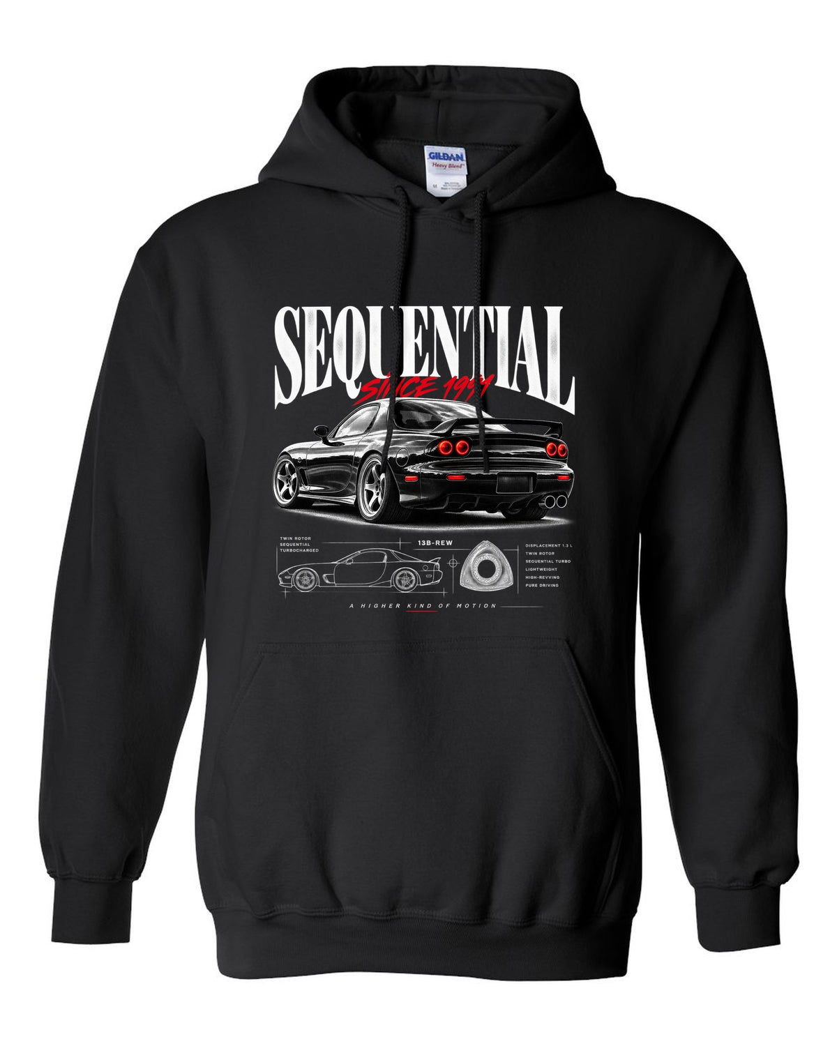 Editorial print of a Mazda RX-7 FD3S rear three-quarter with sequential headline black pull over hoodie front view with the design