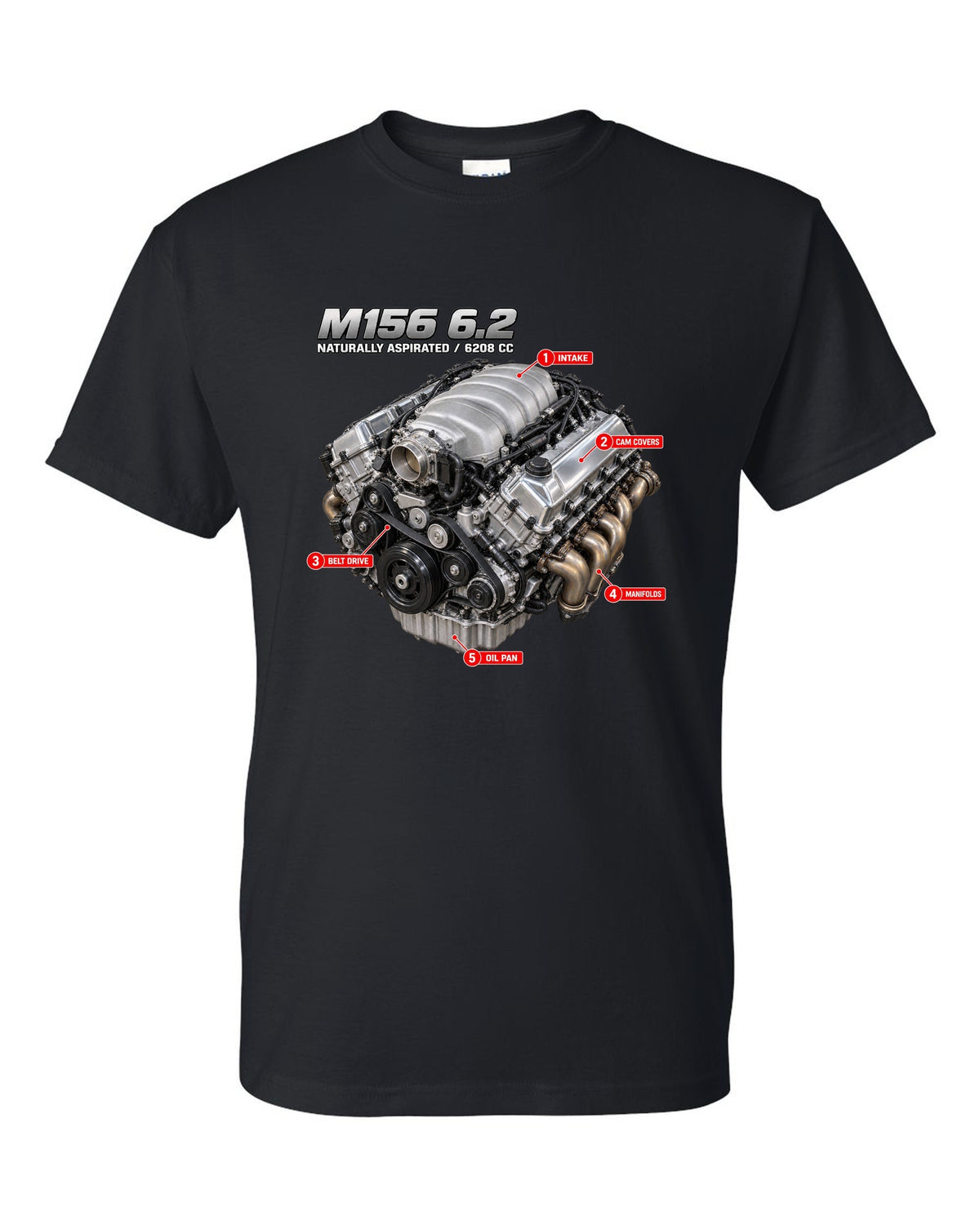 print of the Mercedes W204 C63 M156 6.2 V8 engine with text naturally aspirated 6208 cc black t-shirt front view with the design