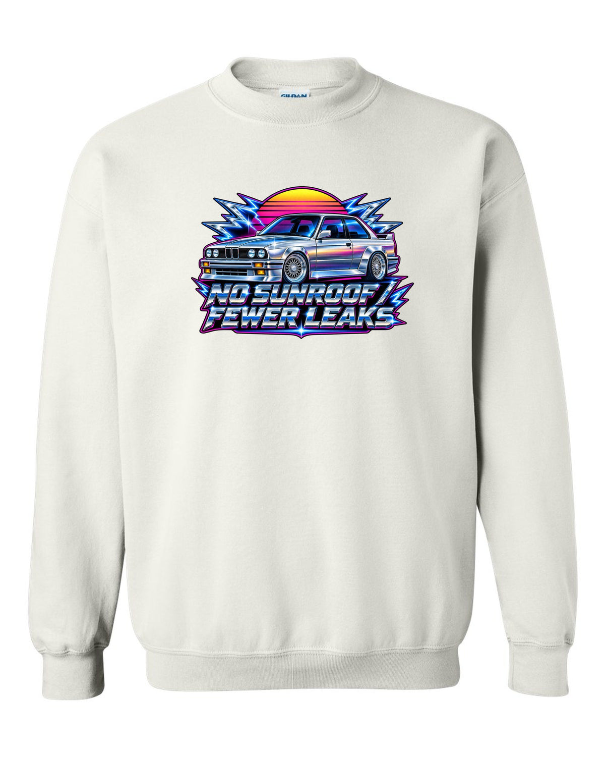 80s chrome airbrush print of a BMW E30 M3 with no sunroof fewer leaks text white crewneck front view with the design