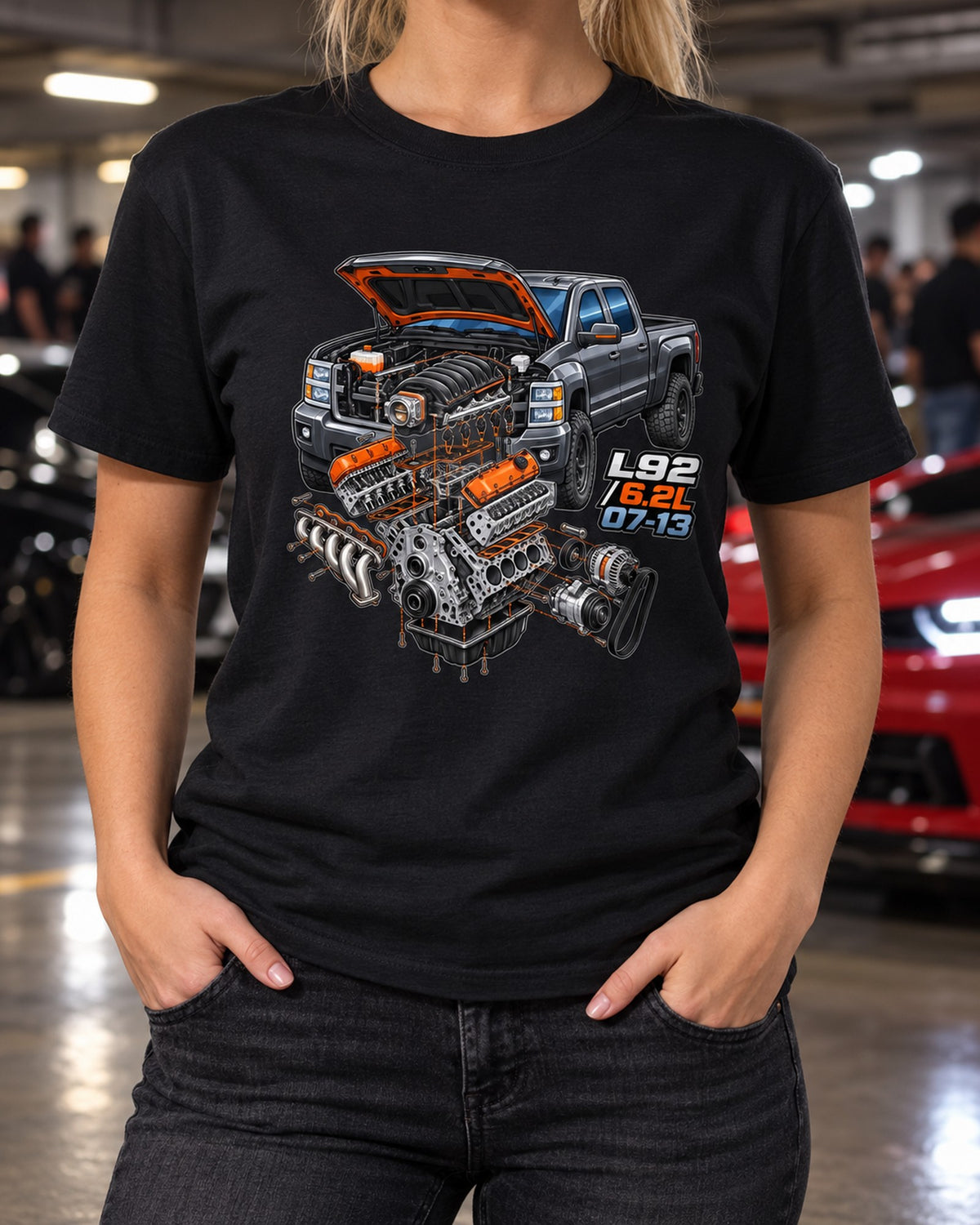 Silverado GMT900 L92 6.2L Exploded Engine Bay Tee, 2007-2013 T-Shirt Black worn hero