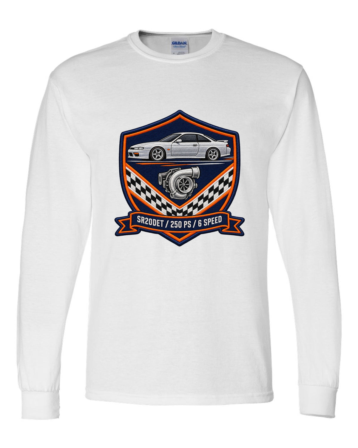 Embroidery-style shield crest print for the Nissan Silvia S15 with SR20DET 250 PS 6 speed lettering white long sleeve front view with the design
