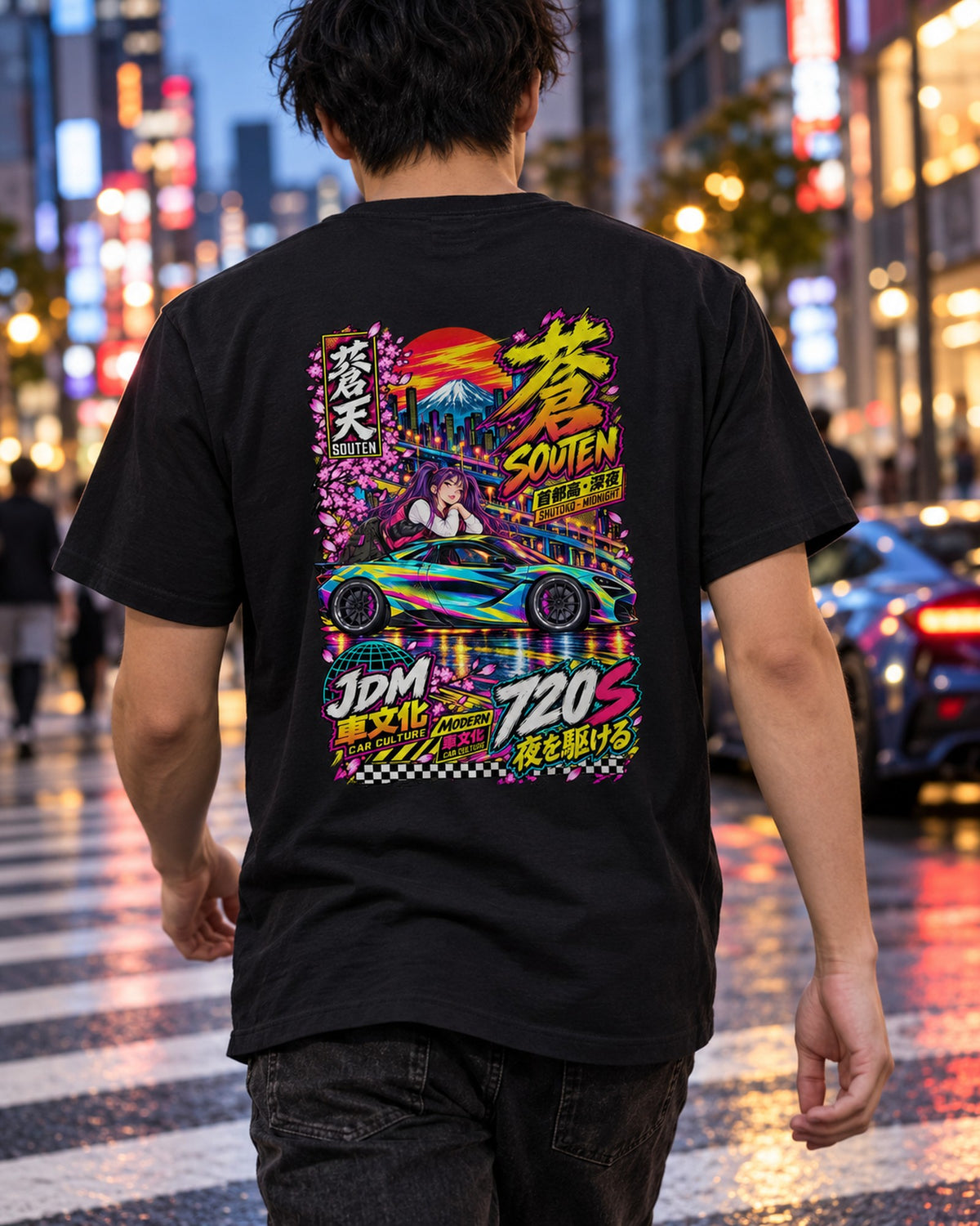 SOUTEN 720S Anime Girl Full-Back Graphic Tee T-Shirt Black worn hero