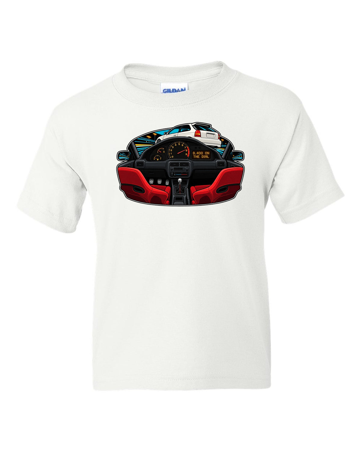 Gauge-cluster HUD print of a 1997 Honda Civic Type R EK9 with 8,400 on the dial text white kids tee front view with the design