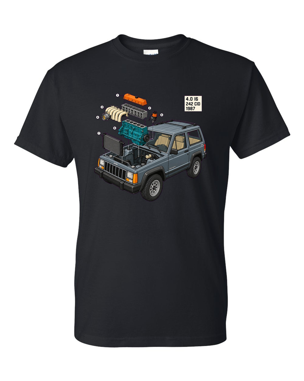 Isometric exploded diagram of a Jeep Cherokee XJ 4.0 inline six engine bay black t-shirt front view with the design