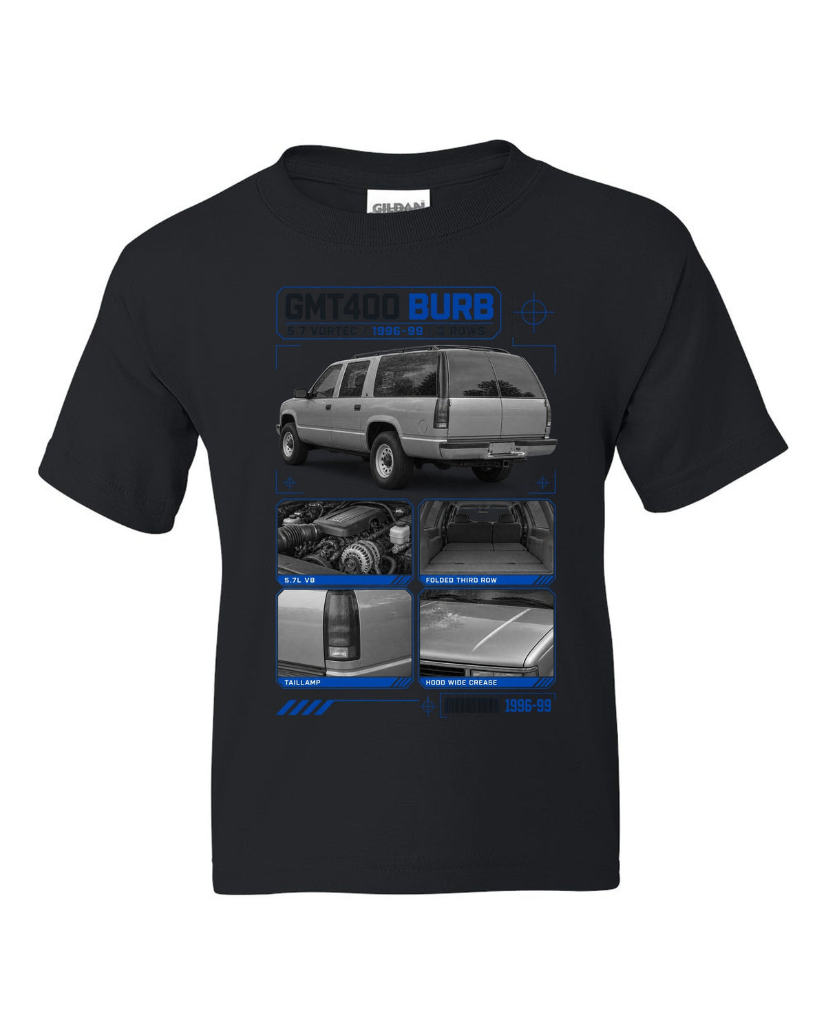 Dossier print of a 1992-99 Chevrolet GMT400 Suburban in a rear three-quarter view black kids tee front view with the design