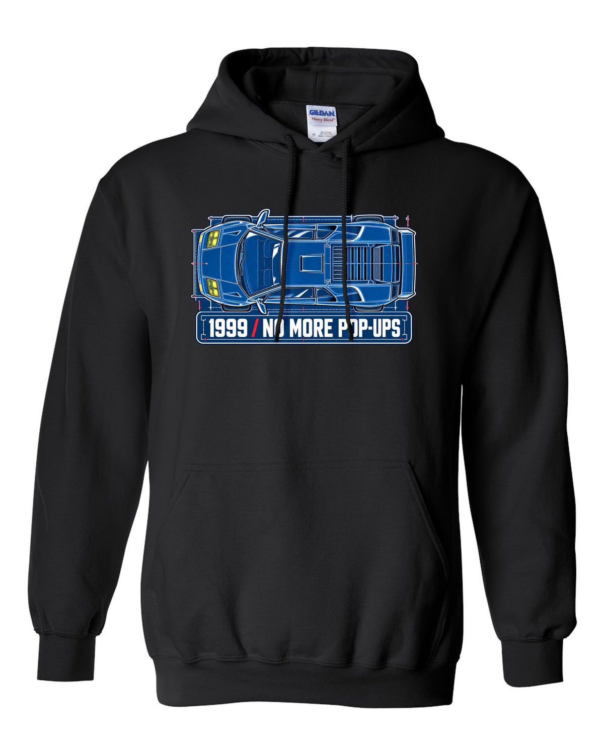 Cyanotype blueprint of a 1999 facelift Lamborghini Diablo with no more pop-ups lettering black pull over hoodie front view with the design