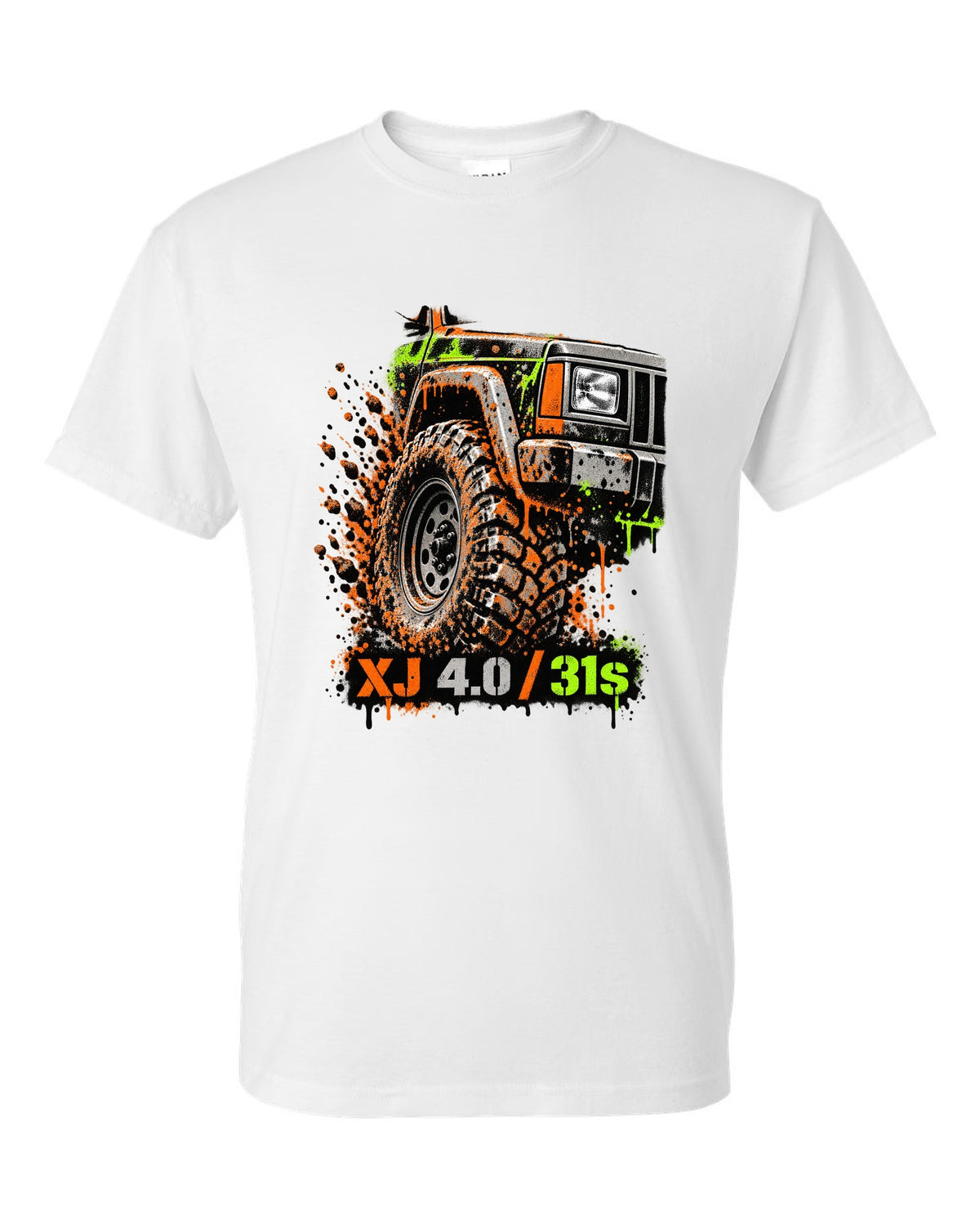 Stencil spray street art print of a muddy Jeep Cherokee XJ wheel with XJ 4.0 31s text white t-shirt front view with the design