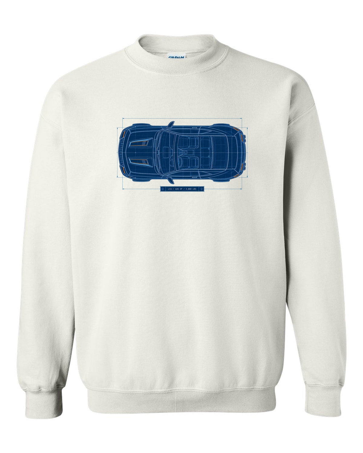 2010 Camaro SS fifth-generation top view blueprint line art with LS3 426 HP 3,860 lbs text white crewneck front view with the design