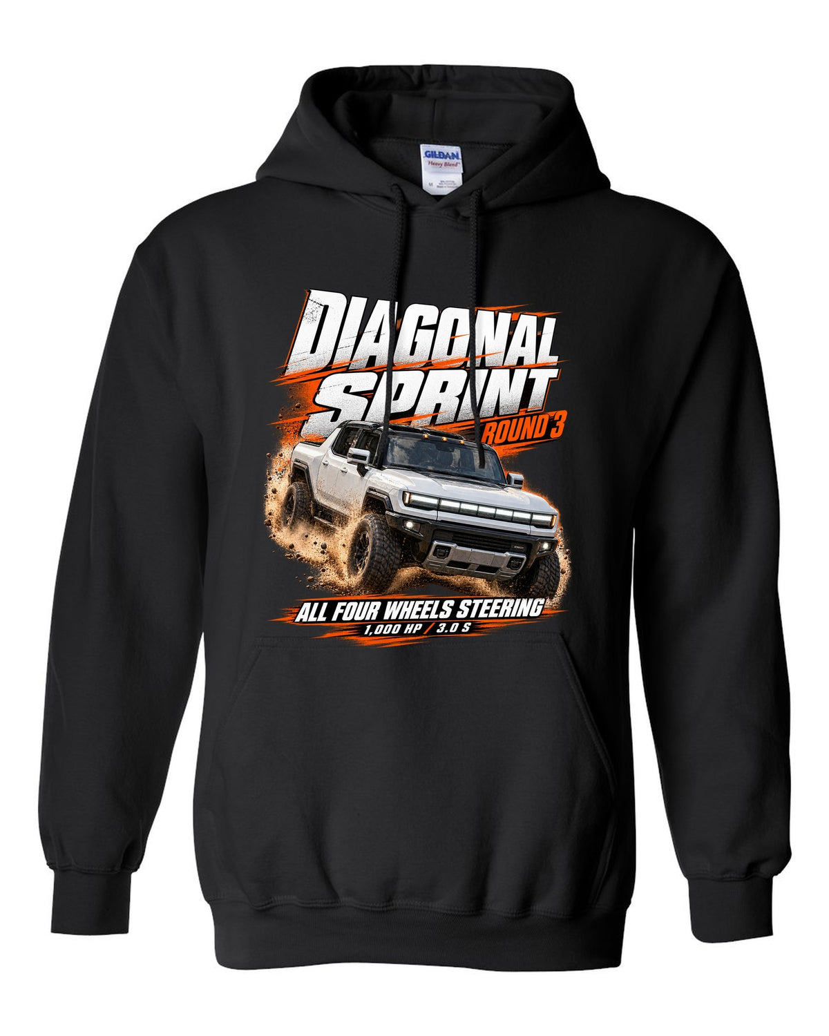 Race poster print of a 2022 GMC Hummer EV pickup EV3X with diagonal sprint text black pull over hoodie front view with the design