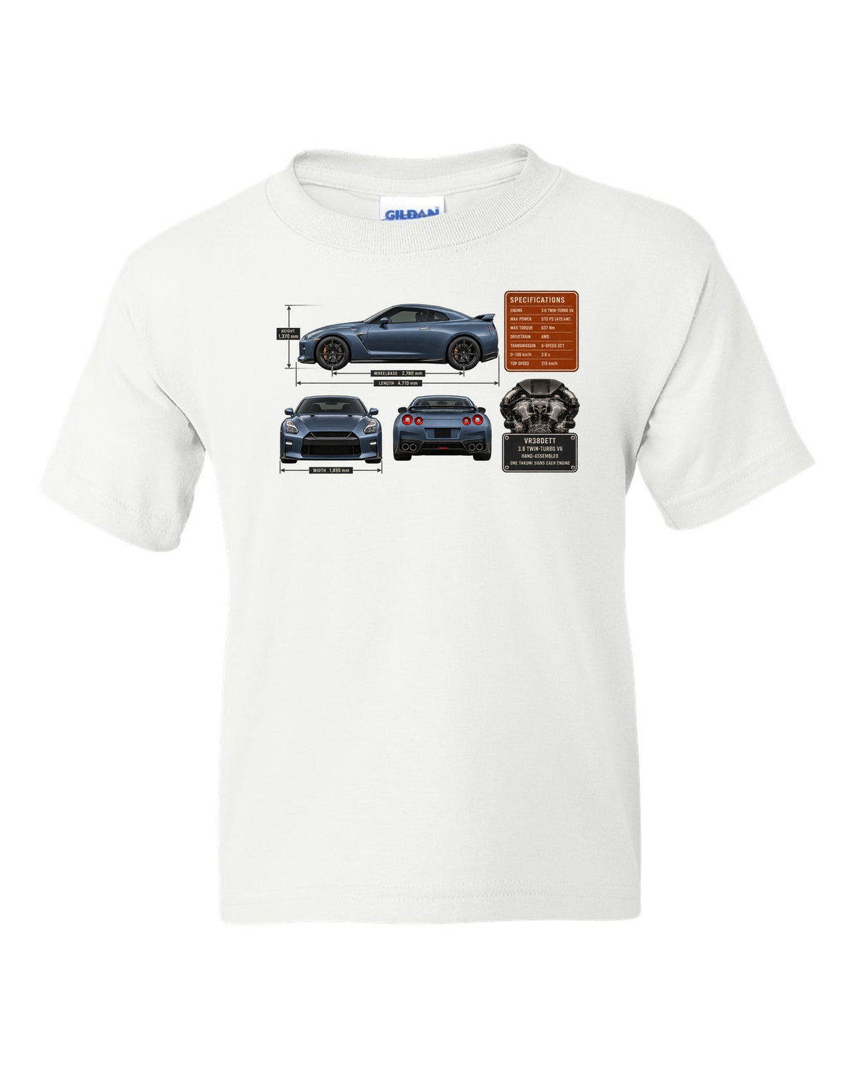 print dimension blueprint of a Nissan GT-R R35 in steel blue white kids tee front view with the design
