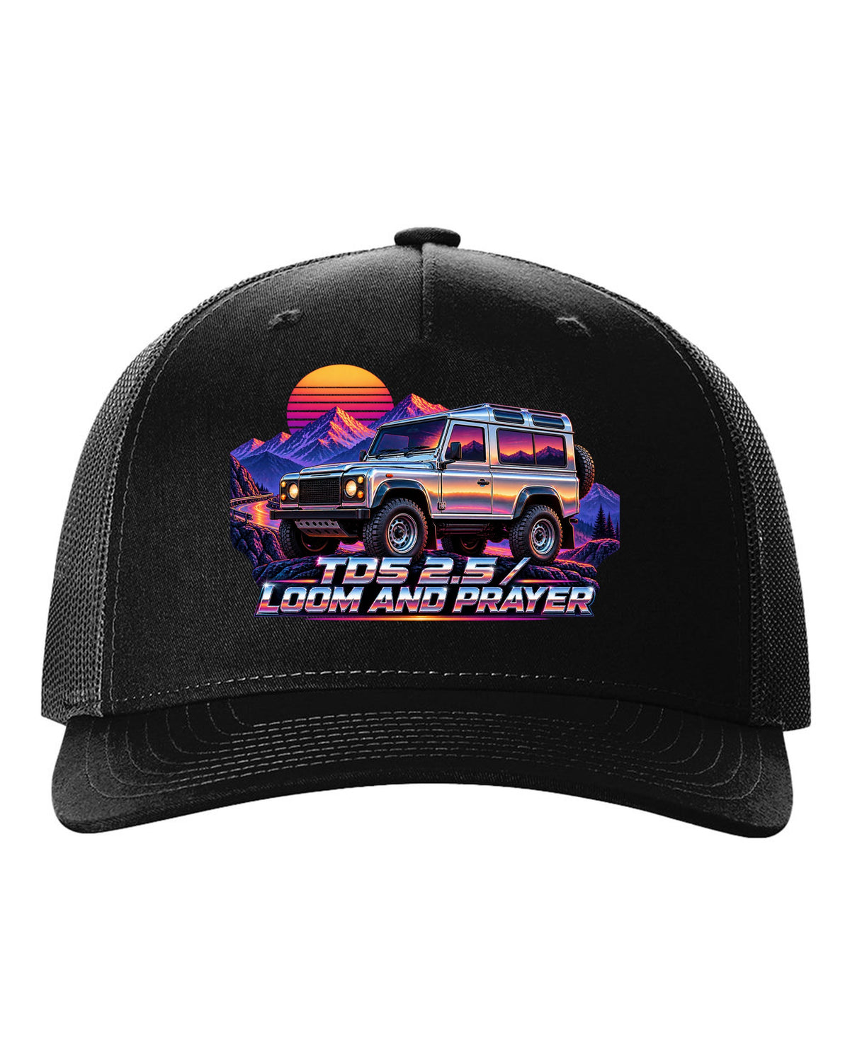 80s airbrush chrome art of a Land Rover Defender 110 Td5 on a sunset mountain pass black hat front view with the design