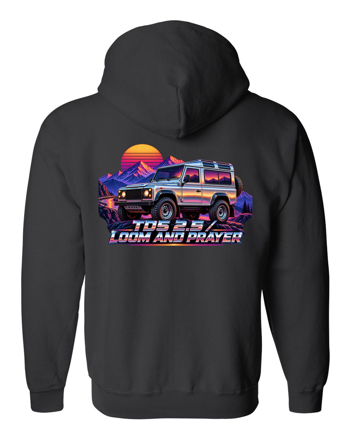 80s airbrush chrome art of a Land Rover Defender 110 Td5 on a sunset mountain pass black zip hoodie back view with the design
