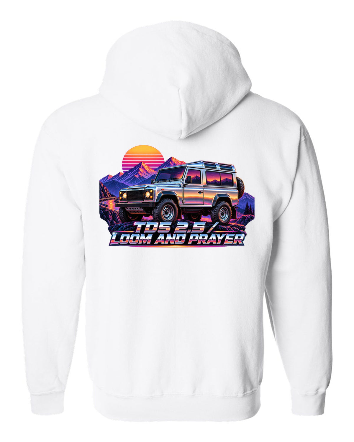 80s airbrush chrome art of a Land Rover Defender 110 Td5 on a sunset mountain pass white zip hoodie back view with the design