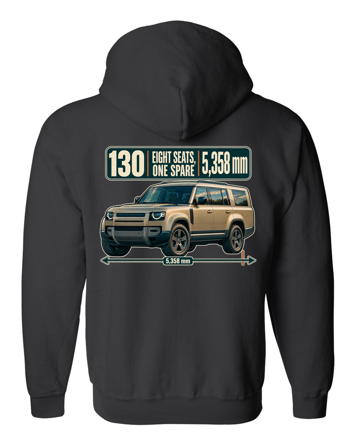 Editorial headline print for the Land Rover Defender 130 L663 with eight seats and length black zip hoodie back view with the design