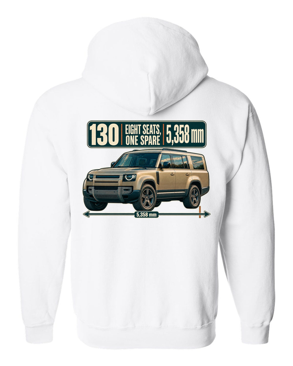 Editorial headline print for the Land Rover Defender 130 L663 with eight seats and length white zip hoodie back view with the design