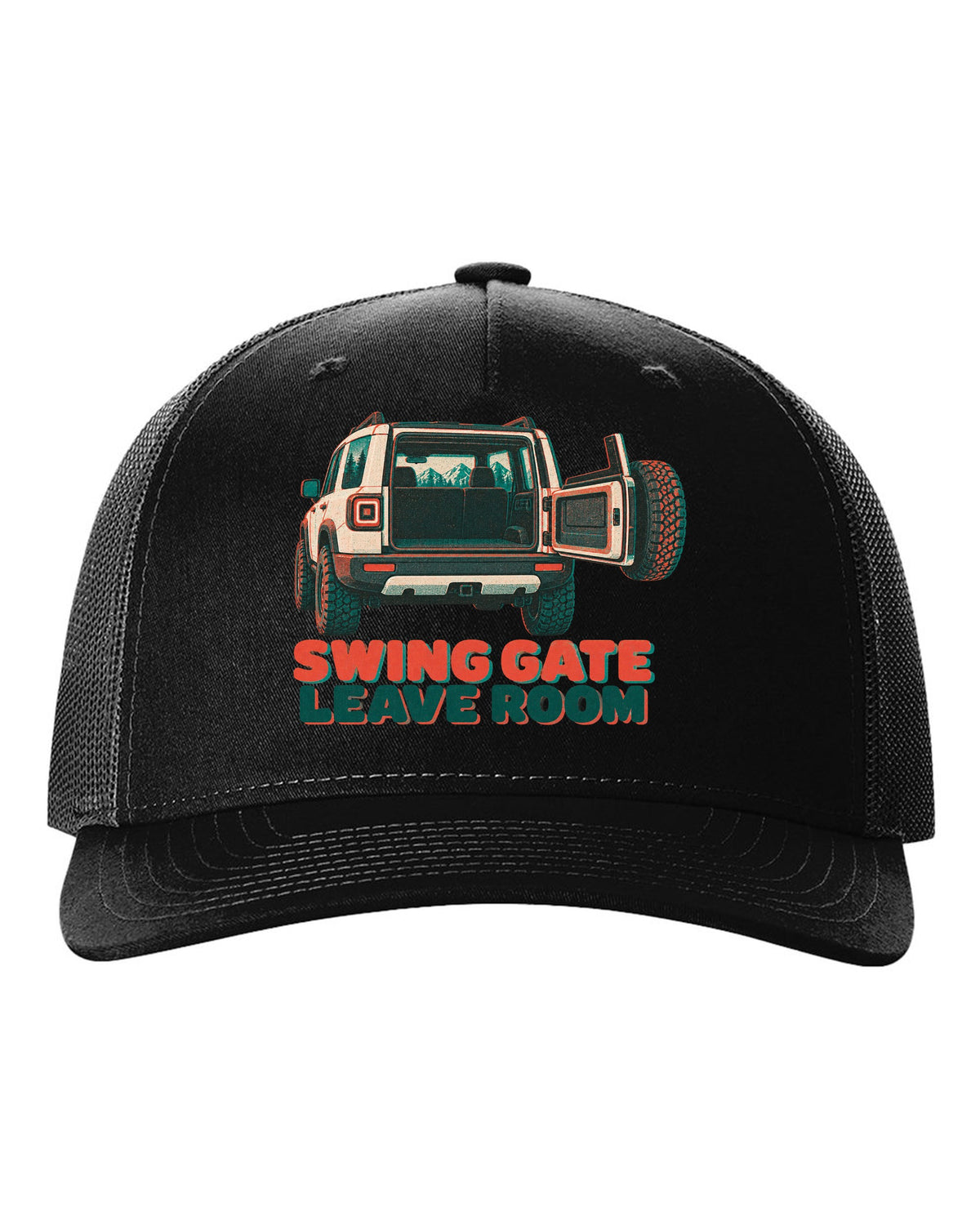 Risograph-style rear view of a Land Rover Defender L663 110 with spare wheel on the swing gate black hat front view with the design