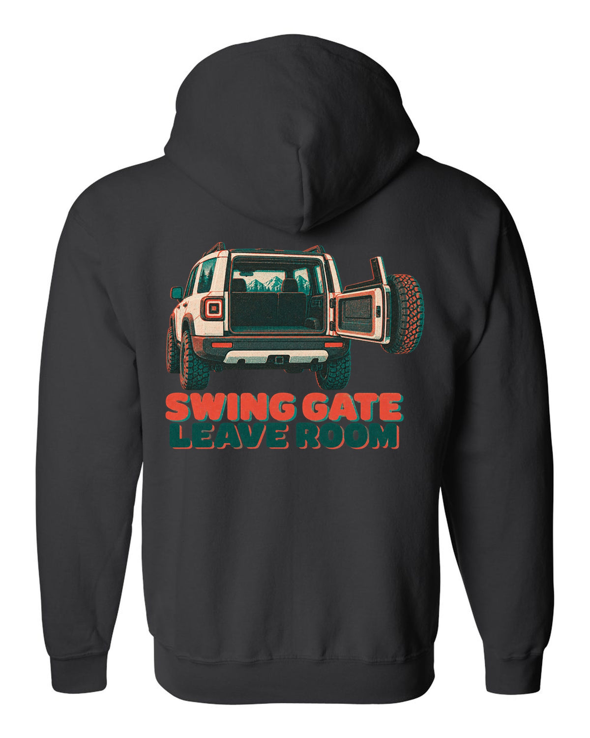 Risograph-style rear view of a Land Rover Defender L663 110 with spare wheel on the swing gate black zip hoodie back view with the design