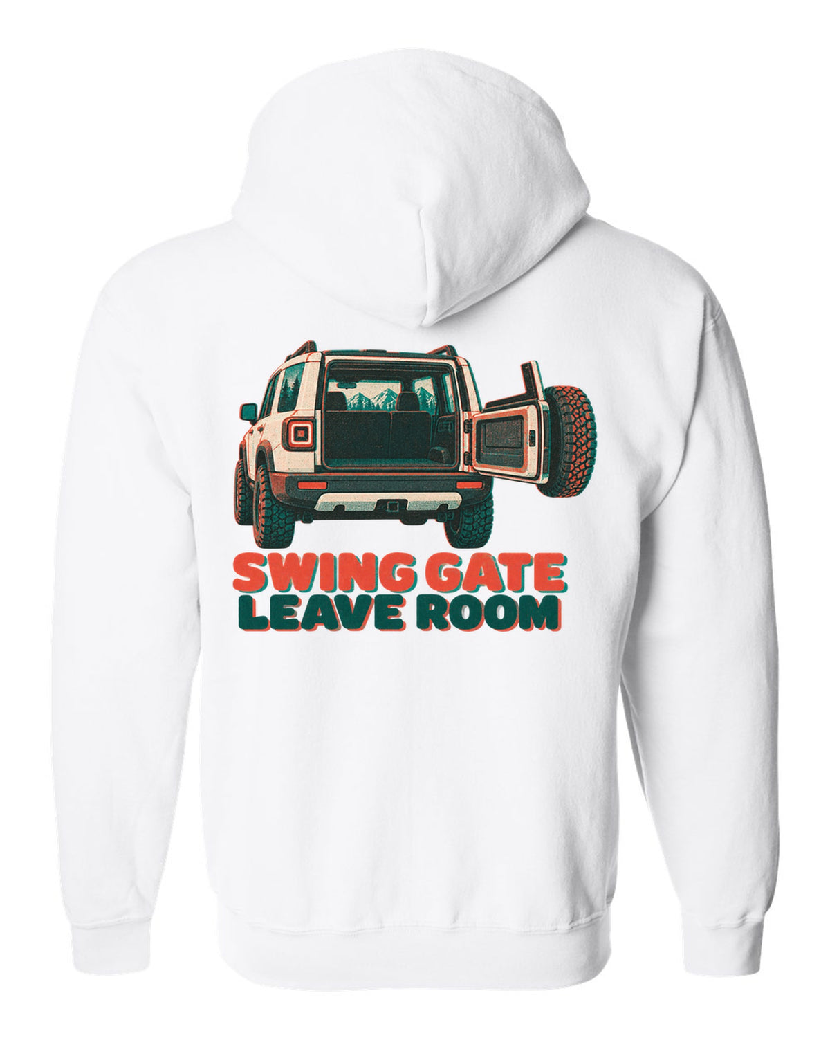Risograph-style rear view of a Land Rover Defender L663 110 with spare wheel on the swing gate white zip hoodie back view with the design