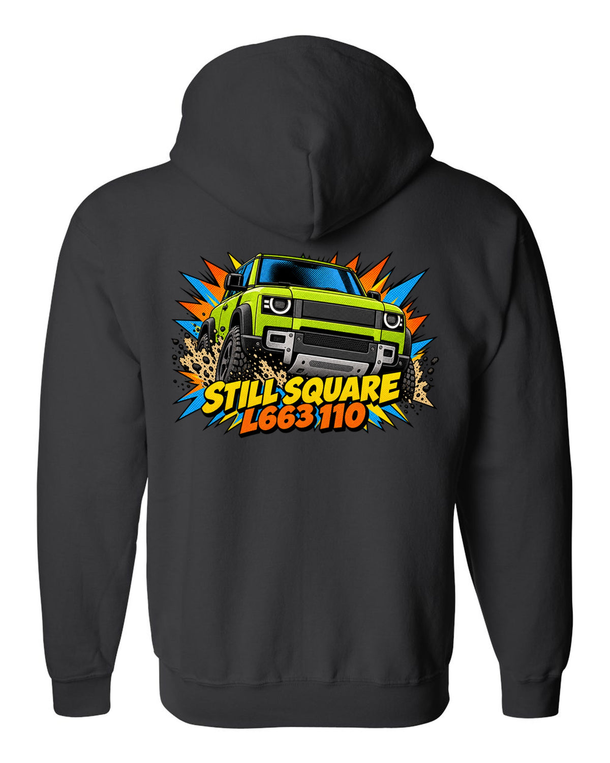 Comic halftone pop-art close-up of a Land Rover Defender L663 headlight with L663 110 lettering black zip hoodie back view with the design