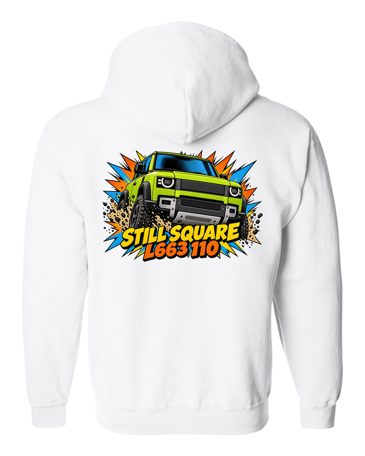 Comic halftone pop-art close-up of a Land Rover Defender L663 headlight with L663 110 lettering white zip hoodie back view with the design