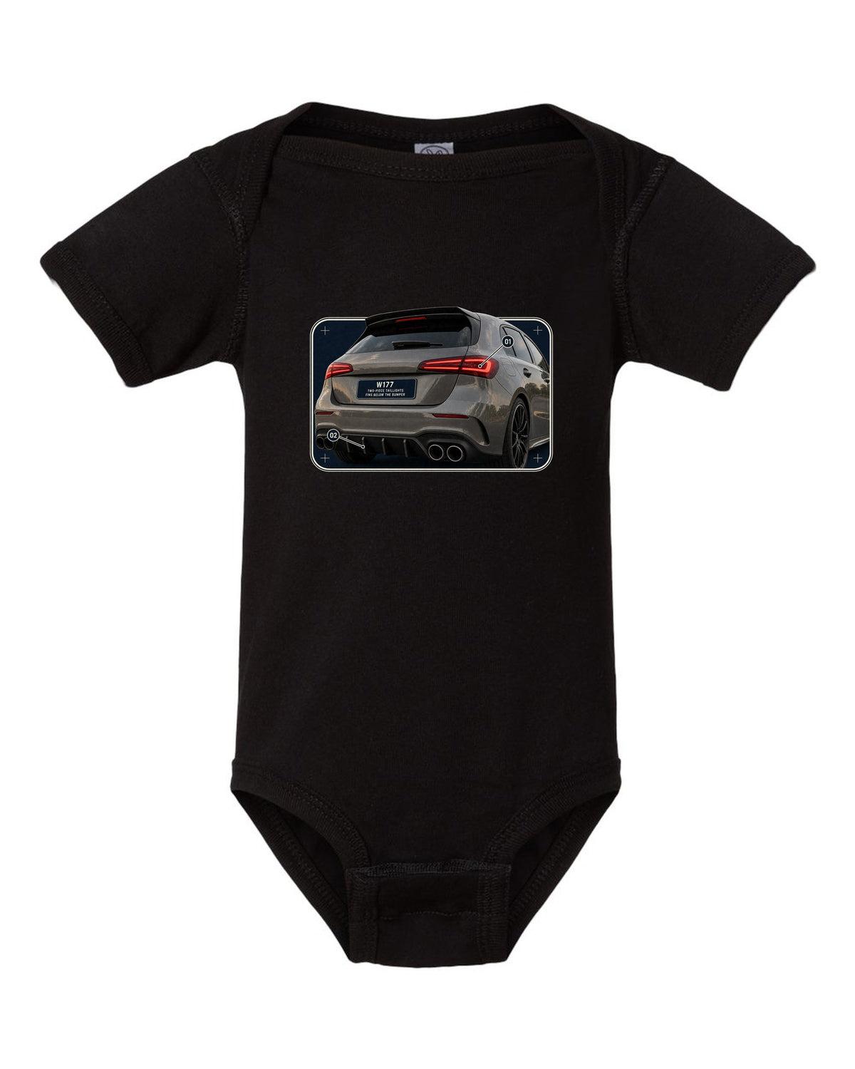 Mercedes-AMG A45 S W177 rear taillight macro detail print black baby onesie front view with the design