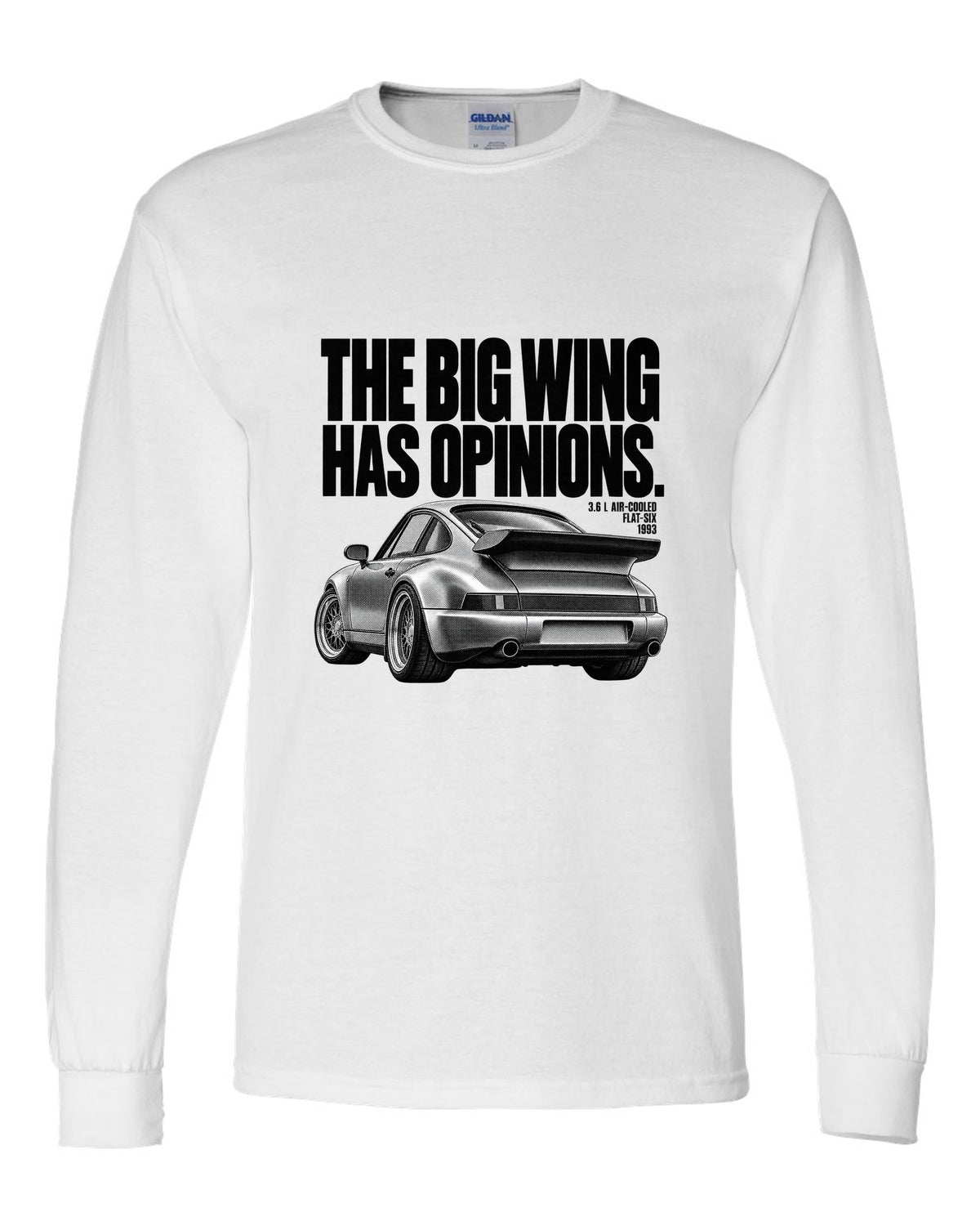 Halftone print of a Porsche 911 Turbo 3.6 964 with whale tail wing white long sleeve front view with the design