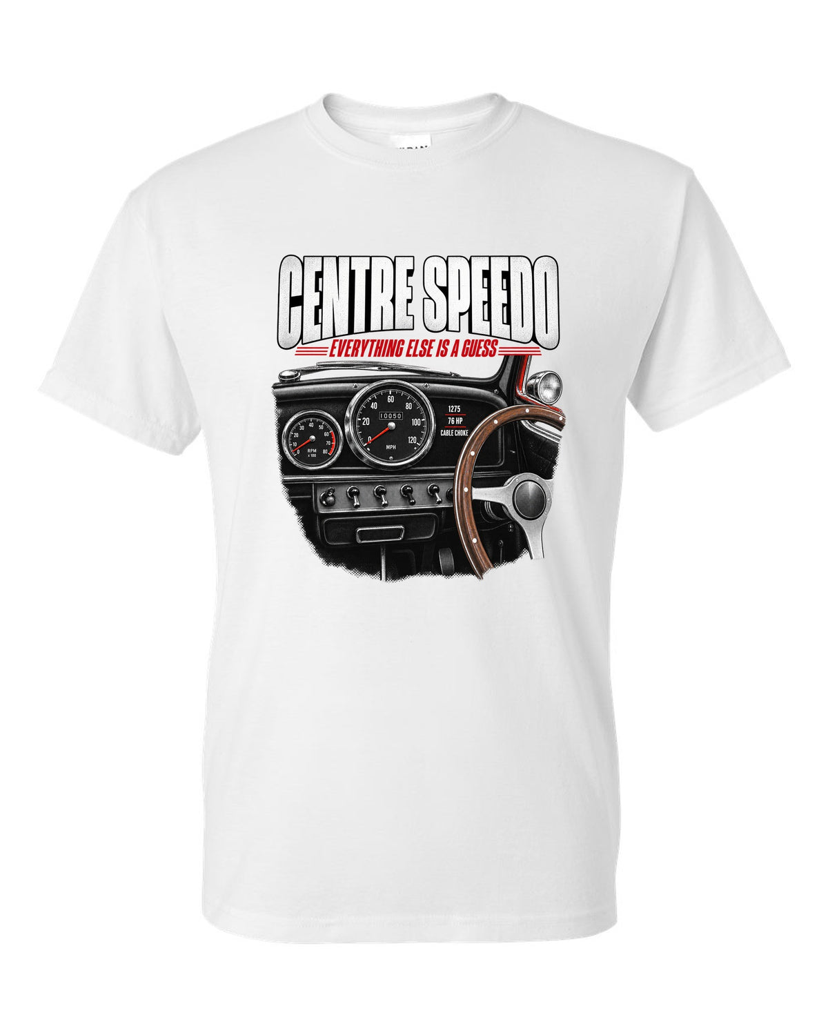 print of the 1967 Classic Mini Cooper S interior with centre speedometer and 1275 spec lettering white t-shirt front view with the design