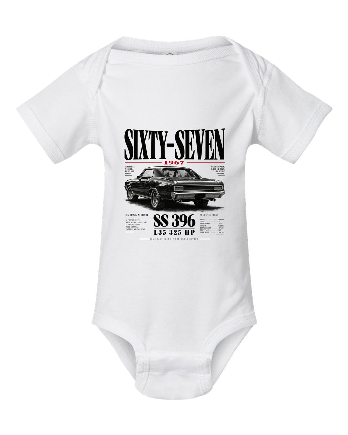 1967 Chevelle SS 396 rear three-quarter editorial headline print white baby onesie front view with the design