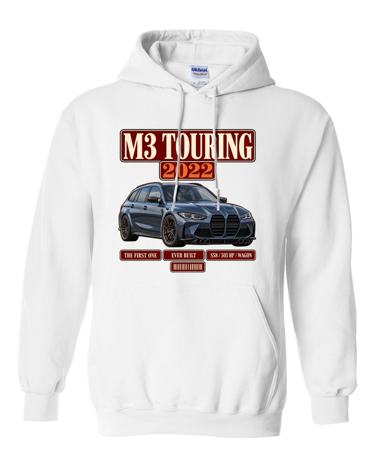BMW M3 Touring G81 archive panel print with first ever built text white pull over hoodie front view with the design