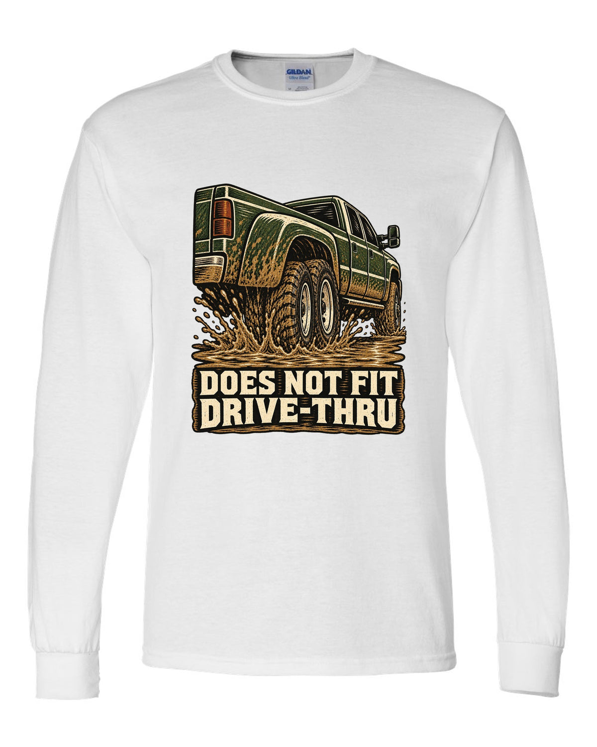 Woodcut print of a 1994-1998 Dodge Ram 3500 dually Cummins with drive-thru text white long sleeve front view with the design