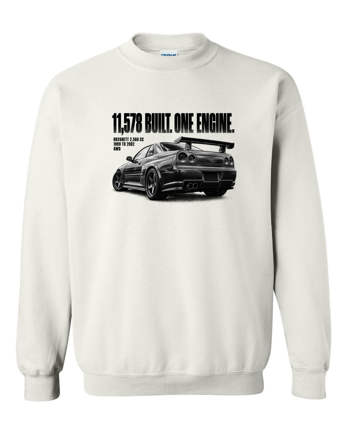 Halftone rear three-quarter view of a Nissan Skyline GT-R R34 with 11,578 built lettering white crewneck front view with the design