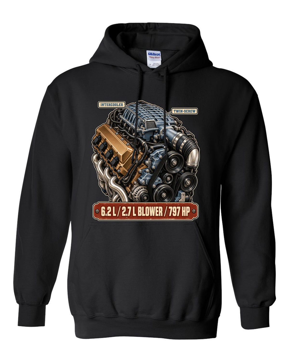 print of the supercharged 6.2L V8 from a Dodge Charger SRT Hellcat Redeye black pull over hoodie front view with the design