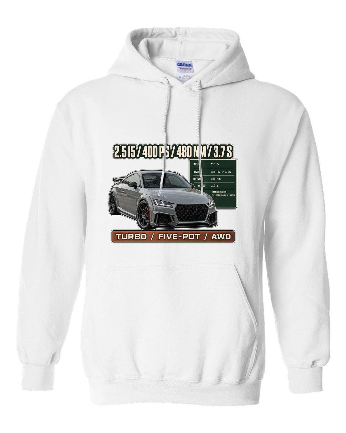 Audi TT RS 8S coupe spec poster print with 400 PS and 480 Nm white pull over hoodie front view with the design