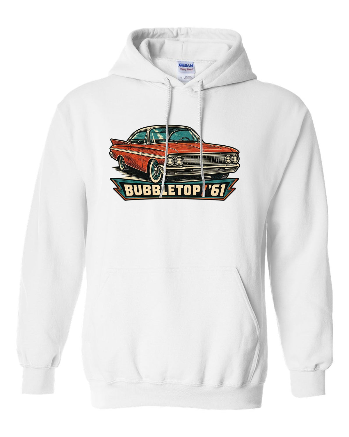 1961 Chevrolet Impala Sport Coupe bubbletop in linocut style with text Bubbletop '61 white pull over hoodie front view with the design