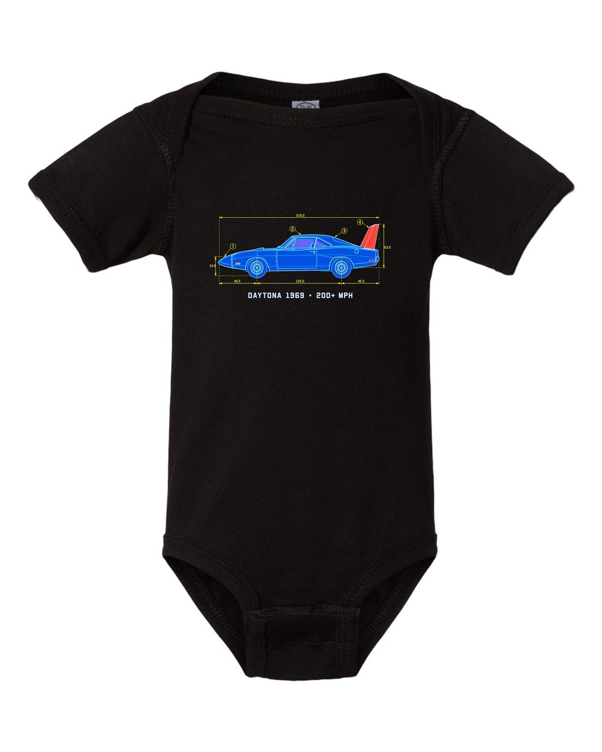 1969 Dodge Charger Daytona blueprint patent sheet print with 200+ MPH text black baby onesie front view with the design