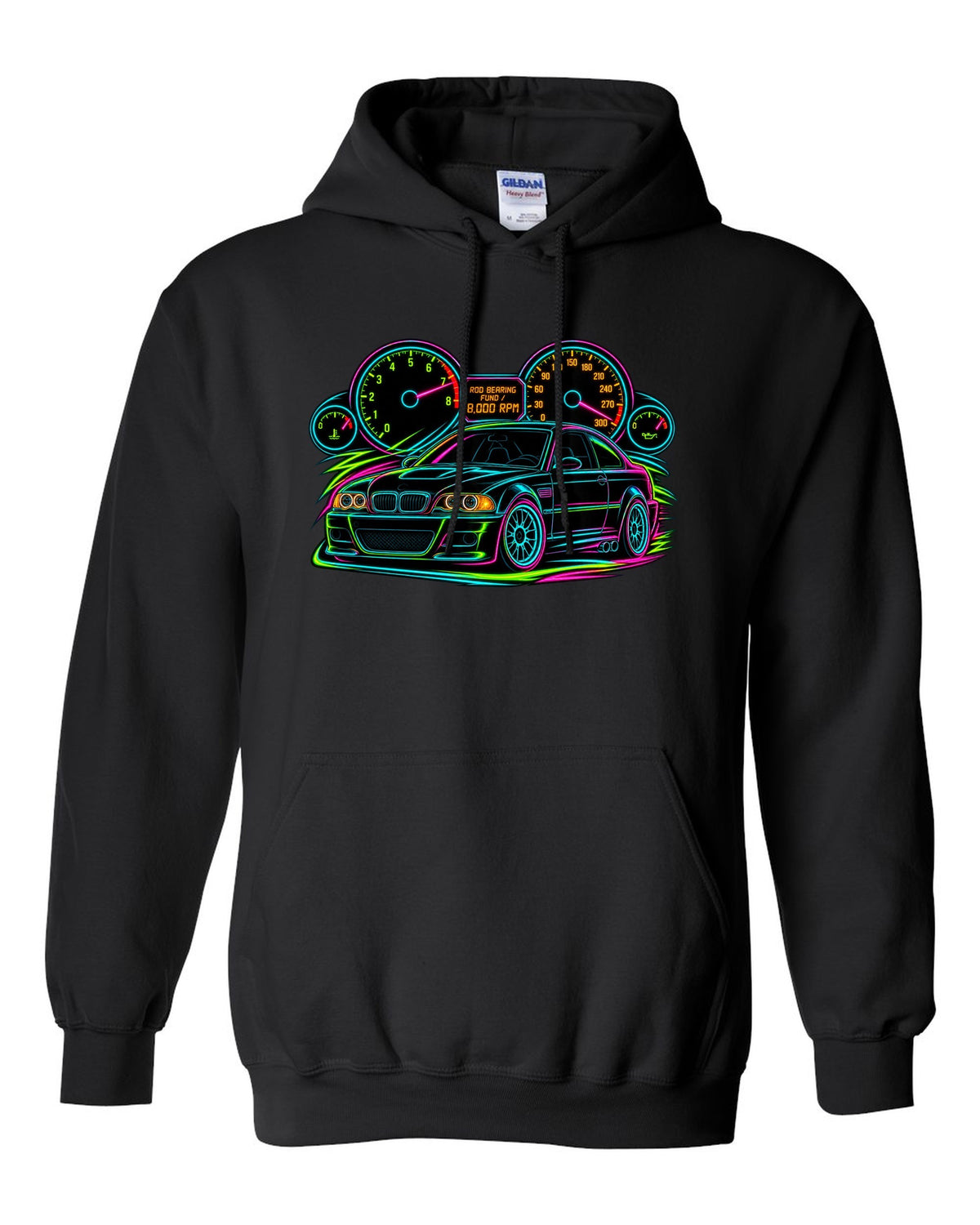 Neon line art redline gauge of a BMW E46 M3 coupe with 8,000 RPM and rod bearing fund text black pull over hoodie front view with the design