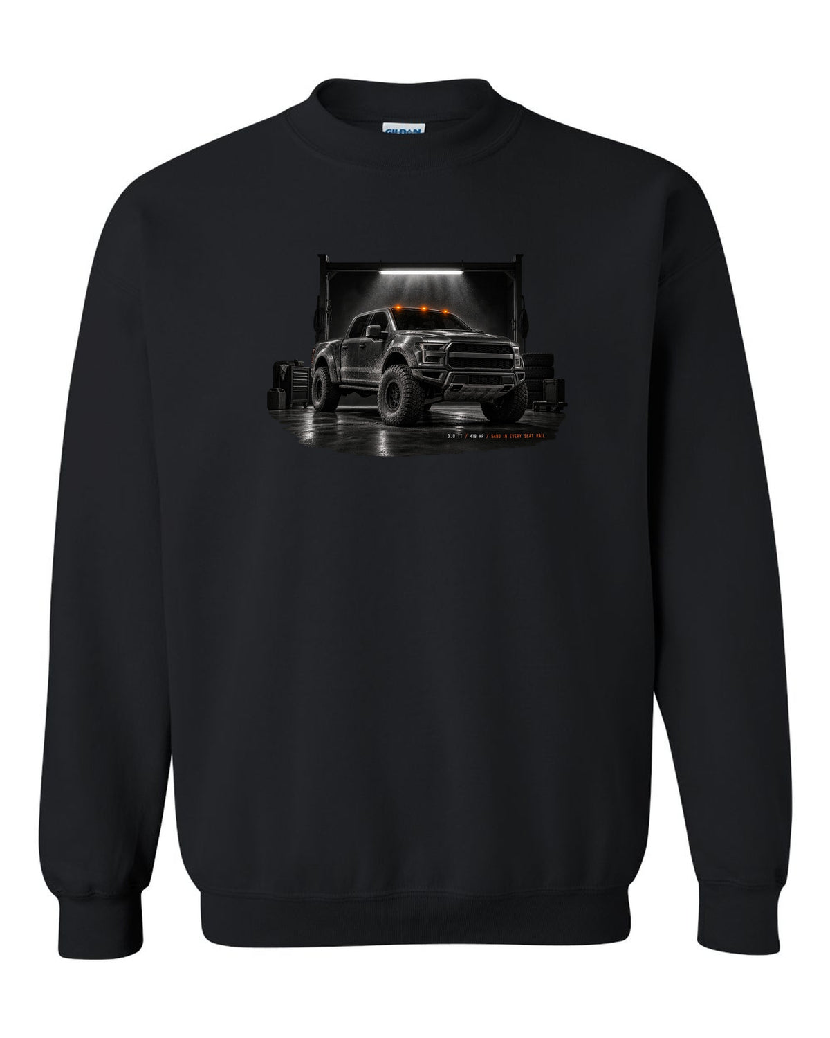 Ford Bronco Raptor 2022 U725 garage night print with 3.0 TT and 418 HP text black crewneck front view with the design
