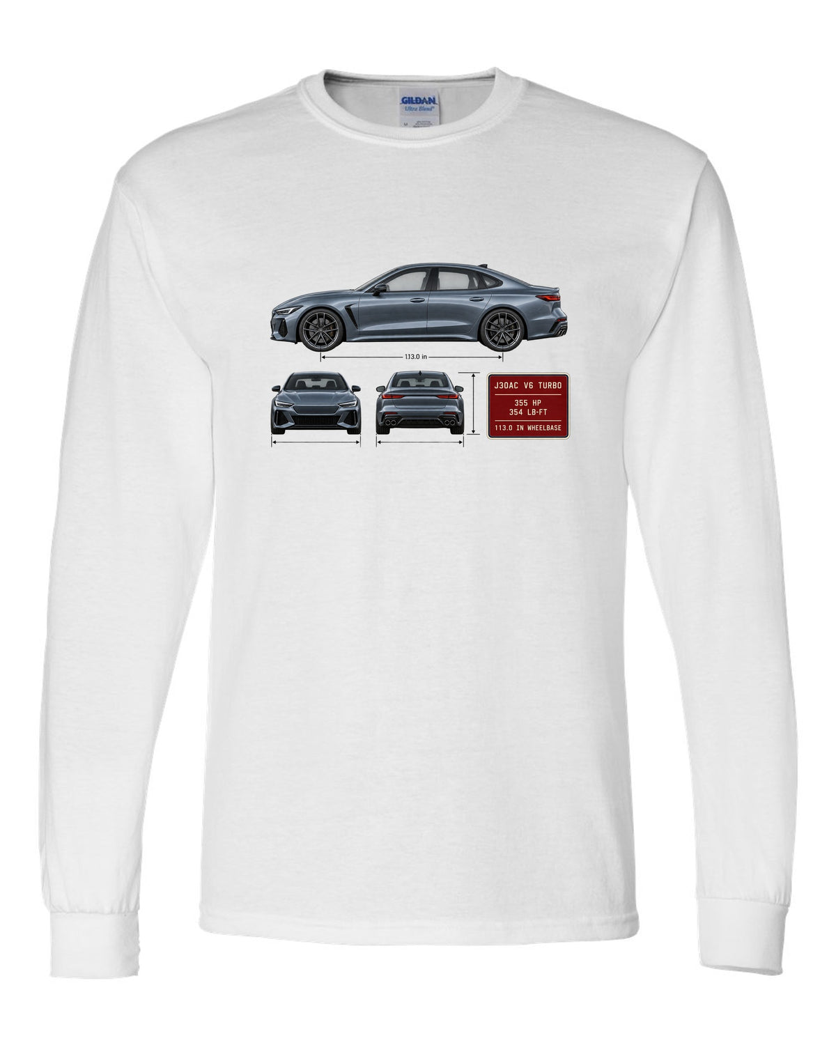 Acura TLX Type S three-view spec table print white long sleeve front view with the design