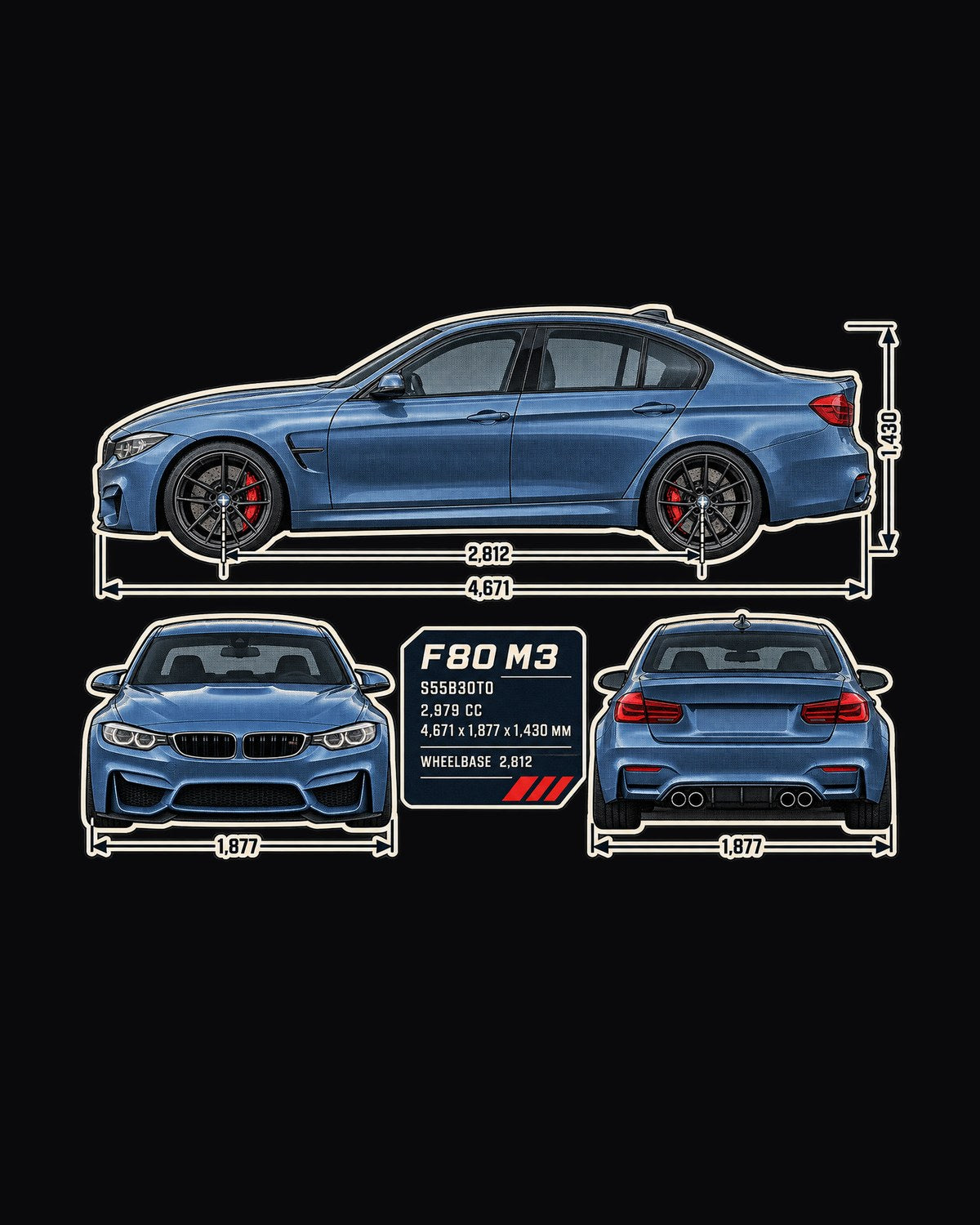 F80 BMW M3 Dimension Blueprint print Tee design only