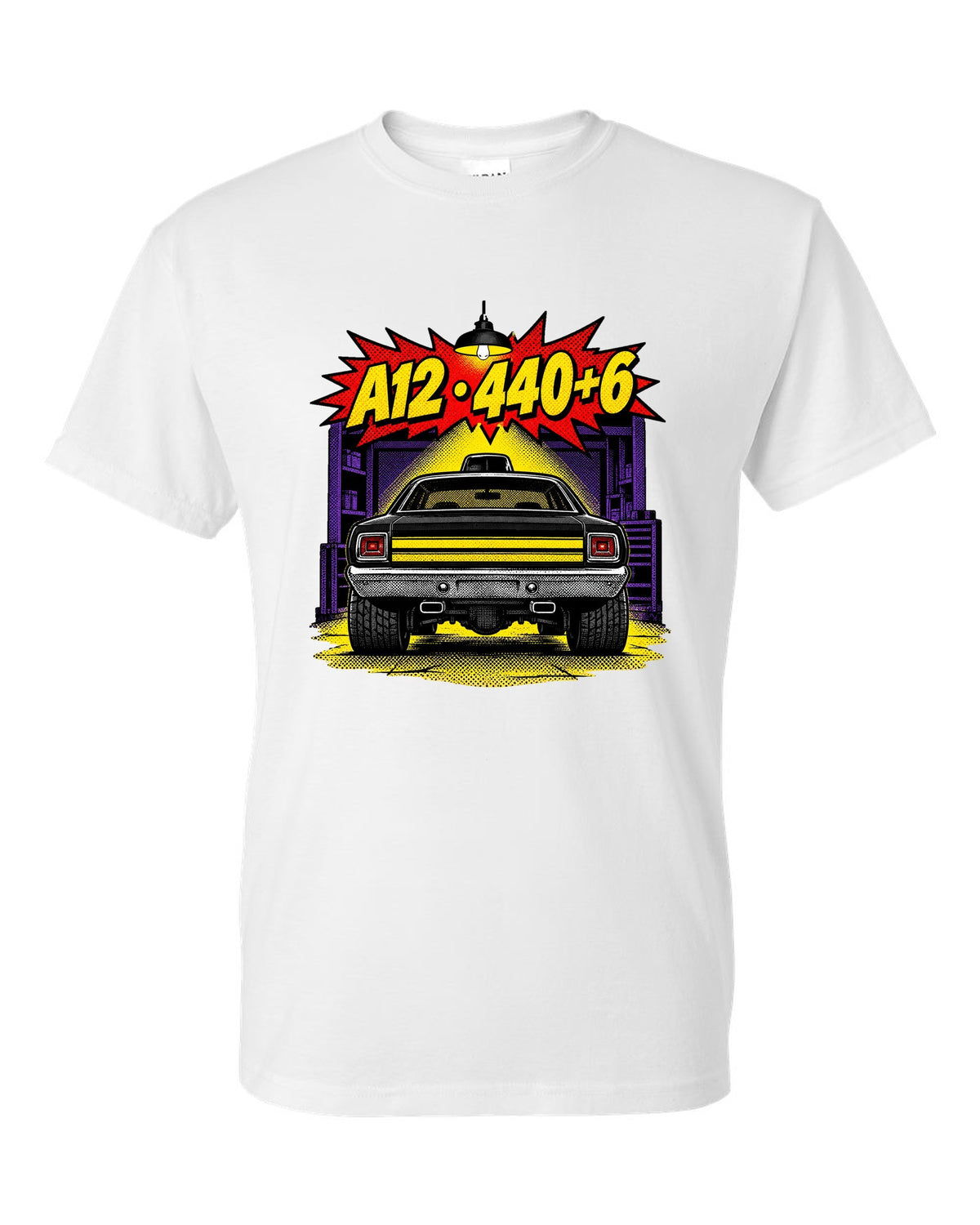 1969 Dodge Coronet Super Bee A12 comic halftone pop-art print with A12 440+6 text white t-shirt front view with the design
